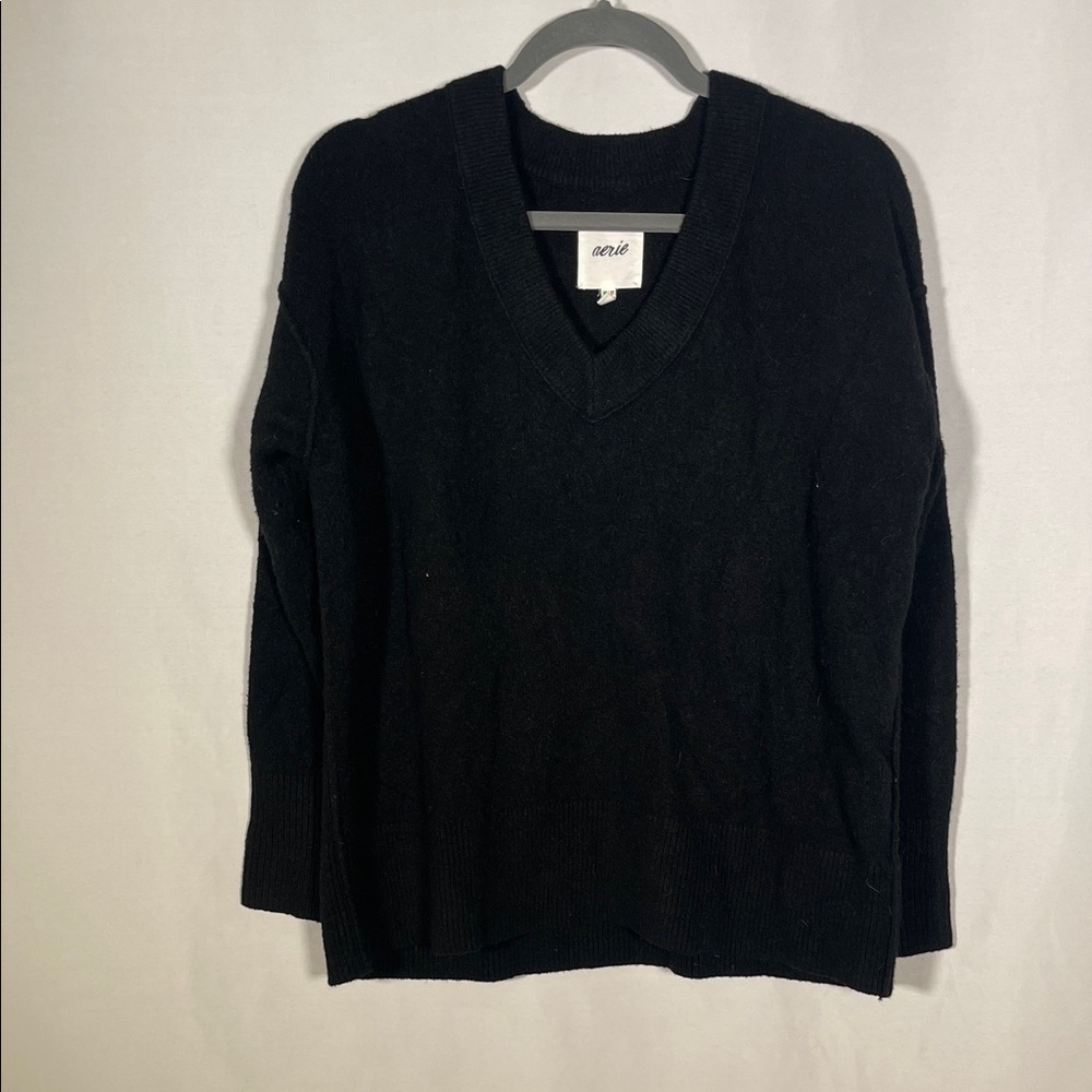 AERIE WOMENS SOFT BLACK V NECK SWEATER OVERSIZED XS
